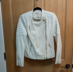 JBrand White Lamb Leather Moto Jacket With Ridge Design. Embelished With Gold.
